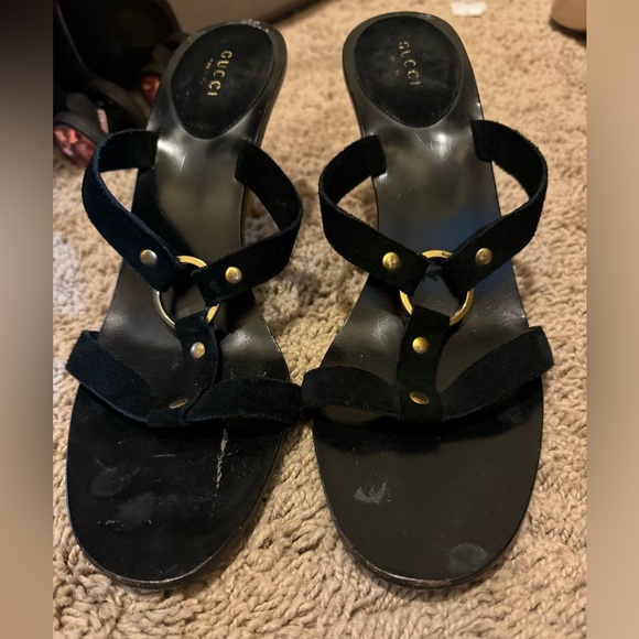 Gucci Black Suede Sandals Gold Metal Heels - Picture 1 of 3